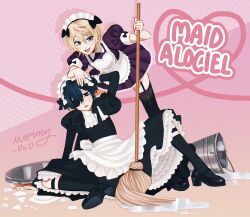 2boys absurdres alois_trancy black_thighhighs blonde_hair blue_eyes blue_hair bow ciel_phantomhive crossdressing eyepatch highres kuroshitsuji looking_at_viewer maid male_focus multiple_boys open_mouth ribbon short_hair smile thighhighs trap victorian victorian_maid wormy_owo