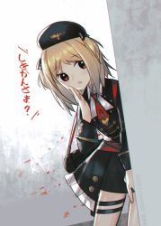 1girl :o aged_down aiguillette ambiguous_red_liquid artistic_error bad_anatomy bad_hands black_bow black_coat black_headwear black_skirt blonde_hair blush bow buttons chromatic_aberration coat collared_shirt commentary_request cowboy_shot double-breasted girls&#039;_frontline gold_trim gun hair_bow hand_up hat highres kky long_sleeves military military_hat military_uniform mp40 mp40_(girls&#039;_frontline) mp40_(thumbelina)_(girls&#039;_frontline) necktie official_alternate_costume peeking_out red_eyes red_neckwear shirt short_hair skirt submachine_gun thigh_strap translated two_side_up wall weapon white_shirt