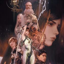 3boys 4girls adam_(stellar_blade) album_cover armpits artificial_eye artist_request bald bare_shoulders beard bodysuit breasts brown_eyes brown_hair closed_mouth commentary cover cyborg drone electricity english_commentary enya_(stellar_blade) eve_(stellar_blade) facial_hair floating from_side high_ponytail holding holding_sword holding_weapon lily_artemis_ii_(stellar_blade) lips long_hair looking_at_viewer looking_up mann_(stellar_blade) mechanical_arms medium_breasts multicolored_bodysuit multiple_boys multiple_girls no_pupils non-humanoid_robot official_art open_mouth orcal_(stellar_blade) parted_bangs planet_diving_suit_(7th)_(stellar_blade) ponytail realistic robot science_fiction short_hair skin_tight sky star_(sky) starry_sky stellar_blade sword tachy_(stellar_blade) third-party_edit third-party_source tight_clothes two-tone_bodysuit weapon white_bodysuit white_hair