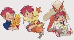 1boy blaziken blush closed_mouth combusken creatures_(company) crispin_(pokemon) game_freak gen_3_pokemon gloves highres holding jacket konoooc male_focus multicolored_hair nintendo one_eye_closed open_mouth pokemon pokemon_(creature) pokemon_sv red_hair shirt short_hair smile torchic two-tone_hair white_shirt yellow_eyes
