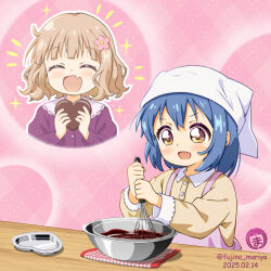 2girls blue_hair brown_hair candy cherry_blossoms child chocolate chocolate_heart fang food fujino_mariya furutani_himawari hair_ornament hairpin heart heart-shaped_food highres imagining light_blush multiple_girls oomuro_sakurako open_mouth pink_background sidelocks watermark yellow_eyes yuru_yuri