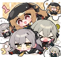 ! &gt;_&lt; 3girls :d ^_^ artist_name black_gloves black_jacket black_ribbon black_shorts black_skirt blush blush_stickers brown_hair checkered_background chibi chibi_only closed_eyes closed_mouth collared_shirt crossed_bangs double-parted_bangs elbow_gloves expressionless frown girls&#039;_frontline girls&#039;_frontline_2:_exilium gloves green_eyes green_gloves grey_hair guest_art hair_between_eyes hair_ribbon happy_aura head-mounted_display imagining jacket kyou_039 lainie_(girls&#039;_frontline_2) lenna_(girls&#039;_frontline_2) leva_(girls&#039;_frontline_2) long_hair lying multiple_girls necktie nose_blush notice_lines numbered on_stomach one_side_up open_clothes open_jacket open_mouth pink_eyes pleated_skirt puff_of_air red_gloves ribbon scar scar_across_eye scar_on_face shirt shorts skirt smile sparkle speech_bubble tareme thought_bubble twintails twitter_username ump40_(girls&#039;_frontline) ump45_(girls&#039;_frontline) ump9_(girls&#039;_frontline) white_shirt x_mouth yellow_eyes yellow_necktie