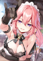 1girl alternate_costume animal_ears arm_under_breasts bare_shoulders black_bow black_bowtie black_gloves blurry blurry_background blush bow bowtie breasts cleavage commentary double-parted_bangs floppy_ears food foreshortening fox_ears fox_girl fox_shadow_puppet genshin_impact gloves hair_between_eyes holding holding_food holding_pocky large_breasts looking_at_viewer miyase_mahiro open_mouth pink_hair pocky pov purple_eyes smile solo white_headdress yae_miko
