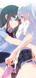 2girls black_hair black_skirt blue_eyes blush bow bow_panties breasts closed_mouth clothes_lift collared_shirt commentary_request commission dress_shirt eye_contact grey_background grey_hair grey_skirt hair_between_eyes hair_ornament hairclip koruri lifting_another&#039;s_clothes looking_at_another medium_breasts multiple_girls original panties panty_lift pink_panties plaid_clothes plaid_panties pleated_skirt purple_eyes red_bow school_uniform shirt skeb_commission skirt skirt_lift twitter_username two-tone_background underwear wedgie white_background white_shirt yuri