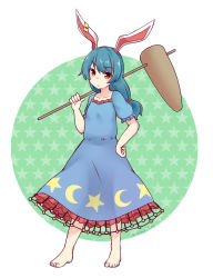 1girl animal_ears bad_id bad_pixiv_id barefoot blue_hair dress female_focus hand_on_own_hip highres kine mallet niwatori_(shimatori042) over_shoulder rabbit_ears red_eyes seiran_(touhou) solo star_(symbol) star_print touhou