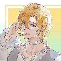 1boy absurdres blonde_hair blue_eyes choker collar earrings feiman_mo frilled_collar frilled_sleeves frills hair_between_eyes half-heart_hands highres jewelry k-pop long_sleeves looking_at_viewer male_focus noah_(plave) parted_bangs parted_lips plave portrait short_hair smile solo white_choker