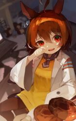 1girl 1other :d agnes_tachyon_(umamusume) ahoge animal_ears blue_necktie blue_shirt blurry blurry_background brown_hair brown_pantyhose coat collared_shirt commentary_request donut food hair_between_eyes half-closed_eye hand_on_own_face harufude highres holding holding_plate horse_ears horse_girl lab_coat long_sleeves looking_at_viewer necktie on_chair open_clothes open_coat open_mouth pantyhose plate red_eyes shirt short_hair sitting smile solo_focus sweater teeth umamusume upper_teeth_only white_coat wide_sleeves yellow_sweater