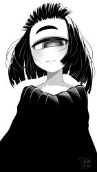 Rule 34 | 1girl, cyclops, flipped bangs, greyscale, hatching (texture), highres, looking at viewer, medium hair, messy hair, monochrome, one-eyed, original, solo, upper body, yakochu