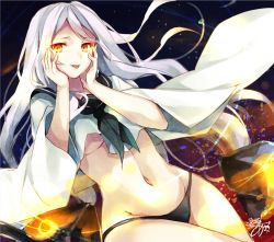 Rule 34 | 1girl, :p, abyssal ship, bikini, bikini bottom only, black bikini, breasts, glowing, glowing eyes, groin, hands on own cheeks, hands on own face, kantai collection, long hair, looking at viewer, medium breasts, navel, no pants, one-hour drawing challenge, pale skin, red eyes, school uniform, serafuku, signature, silver hair, solo, swimsuit, ta-class battleship, tongue, tongue out, toosaka asagi, underboob