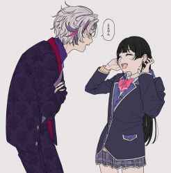 1boy 1girl black_hair black_jacket blazer bow bowtie closed_eyes collared_shirt cowboy_shot crossed_arms fuwa_minato grey_skirt highres jacket kamatama_rom long_hair miniskirt nijisanji open_mouth pants pink_bow pink_bowtie plaid_clothes plaid_skirt pleated_skirt print_jacket print_pants purple_jacket purple_pants shirt simple_background skirt slouching tsukino_mito tsukino_mito_(1st_costume) virtual_youtuber white_background