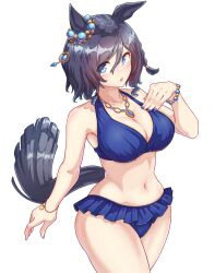 1girl absurdres animal_ears bead_bracelet beads bikini black_hair blue_bikini blue_eyes bracelet breasts chestnut_mouth cleavage commentary_request cowboy_shot ear_ornament eishin_flash_(reines_plaetschern)_(umamusume) eishin_flash_(umamusume) flova11 highres horse_ears horse_girl horse_tail jewelry medium_breasts navel necklace official_alternate_costume parted_lips short_hair simple_background smile solo stomach swimsuit tail umamusume white_background