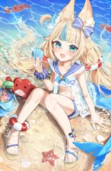 1girl :d absurdres animal_ear_fluff animal_ears beach bikini bikini_under_clothes bikini_under_shorts blonde_hair blue_bikini blue_eyes blue_hair blue_nails blue_sailor_collar blunt_bangs cat_ears commentary crab day dress fangs fins fish_girl fish_tail frilled_bikini frilled_shirt_collar frills front_slit hair_flaps halterneck hand_up highres holding_seashell indie_virtual_youtuber lifebuoy_hair_ornament long_hair looking_at_viewer low_twintails meltyrice midriff multicolored_hair nail_polish navel one_side_up open_mouth outdoors revision sailor_collar sameko_saba sandals scrunchie shark_girl shark_tail short_shorts shorts side-tie_bikini_bottom simple_background single_bare_arm sitting smile solo starfish streaked_hair striped_bikini striped_clothes swimsuit symbol-only_commentary tail teeth toenails twintails upper_teeth_only very_long_hair virtual_youtuber white_background white_dress white_shorts wrist_scrunchie
