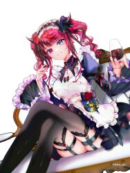 1girl absurdres apron black_bow black_ribbon black_thighhighs blue_eyes blunt_bangs bow breasts brooch chest_bow commentary couch cup curly_hair detached_collar drinking_glass earrings flower frilled_apron frills garter_straps hair_ribbon hairband halo heterochromia highres holding holding_cup hololive hololive_english horns irys_(hololive) irys_(maid)_(hololive) jewelry juliet_sleeves lace lace-trimmed_collar lace-trimmed_thighhighs lace_trim layered_sleeves lolita_hairband long_hair long_sleeves looking_at_viewer maid maid_apron medium_breasts multicolored_hair official_alternate_costume official_alternate_hairstyle on_couch pointy_ears puffy_sleeves purple_eyes purple_nails red_flower red_hair red_rose ribbon rose sitting smile solo sowon star_halo streaked_hair teeth thigh_strap thighhighs transparent_background twintails twitter_username virtual_youtuber waist_bow white_apron wide_sleeves wine_glass