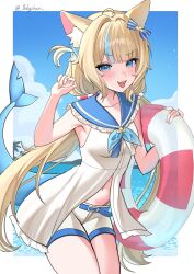 1girl ahoge animal_ears blonde_hair blue_bow blue_collar blue_eyes blue_hair blue_sky bow cat_ears cloud collar dress fang fins fish_girl fish_tail frilled_shirt_collar frills hair_bow highres holding holding_swim_ring ibbychan indie_virtual_youtuber innertube lifebuoy_hair_ornament long_hair looking_at_viewer multicolored_hair one_side_up open_mouth sameko_saba short_shorts shorts skin_fang sky sleeveless sleeveless_dress smile solo streaked_hair swim_ring tail very_long_hair virtual_youtuber white_dress white_shorts