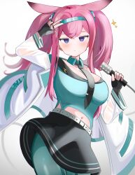 1girl absurdres aqua_hairband aqua_pantyhose aqua_shirt arknights arm_up black_gloves black_necktie black_skirt blush bright_pupils closed_mouth contrapposto cowboy_shot detached_collar fingerless_gloves gloves gradient_background grey_background hair_ornament hairband highres holding holding_microphone jacket jitome long_hair long_sleeves looking_at_viewer microphone necktie official_alternate_costume open_clothes open_jacket pantyhose pink_hair purple_eyes ray_(arknights) ray_(dreaming_high)_(arknights) shirt skirt solo spam_(spamham4506) sparkle standing tie_clip v v_over_head white_background white_jacket white_pupils x_hair_ornament