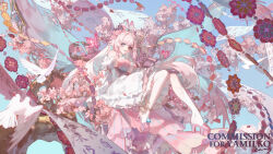 1girl bird bug butterfly cherry_blossoms commission ema3 heterochromia high_heels insect original platform_heels sitting socks white_socks