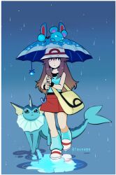 Rule 34 | 1girl, azumarill (toy), azurill, bad id, bad tumblr id, bag, blue shirt, blue theme, blue umbrella, brown hair, closed mouth, gen 1 pokemon, gen 3 pokemon, hat, highres, holding, holding umbrella, leaf (pokemon), long hair, looking at viewer, messenger bag, nintendo, pokemon, pokemon (creature), pokemon frlg, puddle, rain, rawgummy, red skirt, shirt, shoulder bag, skirt, sleeveless, sleeveless shirt, umbrella, vaporeon, wristband