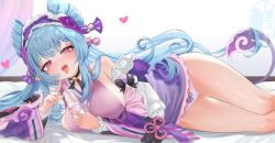 1girl bare_shoulders bell blue_hair blush bottle bow bow_panties breasts detached_sleeves frilled_hairband frills genshin_impact hairband hato_haru heart holding japanese_clothes kimono large_breasts long_hair looking_at_viewer lying milk_bottle neck_bell nihongami on_side panties pink_kimono pink_pupils pink_sleeves pointy_ears purple_eyes purple_tail sideboob sleeve_bow sleeveless sleeveless_kimono smile solo tail tapir_tail thigh_gap thighs tongue tongue_out underwear white_panties yumemizuki_mizuki