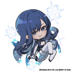 Rule 34 | 1girl, blue hair, blush, bodysuit, breasts, chibi, cleavage, clothes writing, commentary, english commentary, full body, goddess of victory: nikke, grey bodysuit, grey eyes, hair between eyes, highres, long hair, looking at viewer, medium breasts, no nose, official art, parted bangs, parted lips, raven (stellar blade), smile, solo, stellar blade, totatokeke, two-tone bodysuit, very long hair