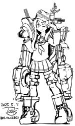1girl adapted_turret akatsuki_(kancolle) artist_logo dated flat_cap hat kantai_collection lineart logo long_hair machinery monochrome neckerchief pleated_skirt sailor_collar sailor_shirt school_uniform serafuku shirt skirt smile solo standing task_(s_task80) torpedo_launcher twitter_username