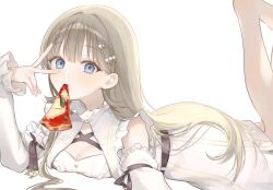 Rule 34 | 1girl, absurdres, arm ribbon, bare legs, black ribbon, blonde hair, blue eyes, breasts, cleavage, closed mouth, commentary, detached sleeves, dress, eating, food, frilled dress, frills, hair ornament, hanabusa lisa, hand up, highres, kumo tabetai, leg up, light blush, long hair, long sleeves, lying, medium breasts, on stomach, pizza, ribbon, simple background, solo, v, vspo!, white background, white dress