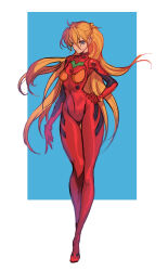 1girl absurdly_long_hair absurdres angry artist_request blue_background breasts curvy floating_hair full_body hand_on_own_hip highres long_hair looking_at_viewer mecha_pilot_suit medium_breasts neon_genesis_evangelion orange_hair plugsuit_(evangelion) serious sketch souryuu_asuka_langley very_long_hair wide_hips