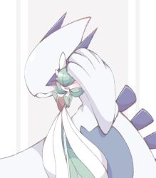Rule 34 | blush, bob cut, closed eyes, colored skin, dress, gardevoir, gen 2 pokemon, gen 3 pokemon, green hair, green skin, grey background, hair over one eye, legendary pokemon, lugia, multicolored skin, narumiya pkmn, nintendo, pokemon, pokemon (creature), signature, simple background, two-tone skin, white dress, white skin