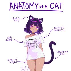 1girl :3 absurdres anatomy_of_a_gamer_(meme) animal_ears animal_print artist_name black_hair breasts cat_ears cat_girl cat_print cat_tail dark-skinned_female dark_skin finn_flint finn_flint_(vtuber) highres indie_virtual_youtuber looking_at_viewer medium_breasts meme metallica multicolored_hair no_pants off_shoulder purple_eyes purple_hair shirt short_hair short_sleeves simple_background smile tail two-tone_hair virtual_youtuber white_background white_shirt