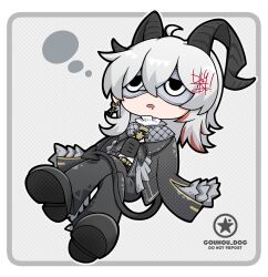 Rule 34 | 1girl, artist logo, black horns, black jacket, black pants, black shoes, black tail, border, chibi, chibi only, commentary request, crossed legs, curled horns, demon tail, dog-san, drooling, earrings, eye mask, full body, grey hair, hair between eyes, highres, horns, jacket, jewelry, key earrings, logo, long hair, multicolored hair, pants, shoes, sleep mask, sleeping, solo, streaked hair, tail, white border, wuthering waves, zani (wuthering waves)