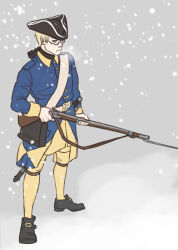 1boy ammunition_pouch artist_request axis_powers_hetalia blonde_hair blue_eyes blue_jacket carolean closed_mouth commentary english_commentary glasses gun hat highres holding holding_gun holding_weapon jacket long_sleeves looking_at_viewer male_focus military military_jacket military_uniform musket outdoors pants pouch saber_(weapon) second-party_source sheath sheathed short_hair snow snowing solo standing sweden_(hetalia) sword tricorne weapon yellow_pants