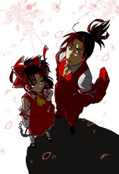 Rule 34 | 1boy, 1girl, ascot, black eyes, bow, brown hair, cherry blossoms, cigarette, closed mouth, collared shirt, commentary request, curtained hair, detached sleeves, expressionless, frilled bow, frilled hair tubes, frilled skirt, frills, from above, full body, genderswap, genderswap (mtf), gohei, hair bow, hair tubes, hakurei reimu, hands in pockets, highres, holding, holding gohei, looking at viewer, pants, red bow, red pants, red shirt, red skirt, red sleeves, red vest, ribbon-trimmed sleeves, ribbon trim, shirt, short hair, sidelocks, simotukiryuusi, simple background, skirt, skirt set, sleeveless, sleeveless shirt, smoke, smoking, standing, touhou, vest, white background, white shirt, white sleeves, wind, yellow ascot