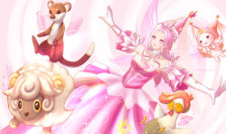 1girl animal bare_shoulders beretsant bird bow bowtie brooch brown_eyes cat chicken choker circlet cloak clothed_animal collarbone commentary_request crescent_print detached_sleeves dot_nose dress ear_covers earrings elbow_gloves enchanted_encounter_(infinity_nikki) eyelashes fairy_wings feather-trimmed_sleeves feet floating forehead frilled_cloak frilled_headwear gloves gown happy hat hat_ornament highres hood hood_up hooded_cloak infinity_nikki jewelry light_particles long_dress long_hair looking_ahead momo_(nikki) navel necklace nikki_(nikki) nikki_(series) official_alternate_costume open_mouth pink_bow pink_bowtie pink_cloak pink_dress pink_eyes pink_hair pink_hat pink_sleeves pink_veil pink_wings pleated_sleeves portal_(object) sarah_ang sheep short_hair sidelocks smile sparkle star_(symbol) star_earrings star_hat_ornament star_necklace strapless strapless_dress striped_bow striped_bowtie striped_clothes striped_headwear suspenders_weasel_(infinity_nikki) veil vertical-striped_clothes vertical-striped_headwear very_long_hair wavy_hair weasel white_cat white_choker white_gloves winged_animal wings