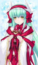1girl blue_background blush bow brown_sash candy chocolate chocolate_heart commentary cowboy_shot fate/grand_order fate_(series) food green_hair hair_between_eyes hairband heart heart-shaped_food heart_background holding holding_chocolate holding_food horns japanese_clothes kimono kiyohime_(fate) lasengle long_hair obi official_art red_bow red_hairband red_ribbon ribbon sash sidelocks smile solo third-party_source white_horns white_kimono yellow_eyes