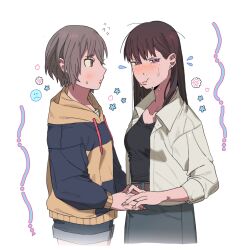 2girls bang_dream! bang_dream!_it&#039;s_mygo!!!!! black_shirt blue_hoodie blue_shorts blue_skirt blush brown_eyes brown_hair closed_mouth commentary drawstring earrings flying_sweatdrops grey_hair highres holding_hands hood hoodie jewelry long_hair long_sleeves mole mole_under_eye multiple_girls navel nervous_sweating purple_eyes shiina_taki shirt short_hair shorts simple_background skirt stud_earrings superfj47 sweat takamatsu_tomori teaser two-tone_hoodie white_background white_shirt yellow_hoodie yuri