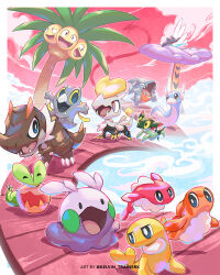 :d alolan_exeggutor alolan_form applin black_eyes bright_pupils claws commentary dratini dreepy fangs frigibax gen_1_pokemon gen_4_pokemon gen_6_pokemon gen_7_pokemon gen_8_pokemon gible goomy highres jangmo-o kelvin-trainerk nintendo no_humans open_mouth pokemon pokemon_(creature) raging_bolt smile tatsugiri tongue twitter_username tyrunt walking watermark white_pupils
