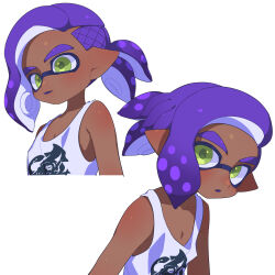 1boy absurdres colored_tongue dark-skinned_male dark_skin green_eyes highres inkling inkling_boy inkling_player_character looking_at_viewer male_focus medium_hair multiple_views nintendo open_mouth parted_bangs ponytail purple_hair purple_tongue simple_background splatoon_(series) surume01417 tank_top tentacle_hair thick_eyebrows white_background white_tank_top