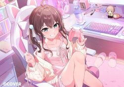 :d ahoge aqua_eyes brown_hair camisole cardigan chair commentary_request computer_keyboard controller copyright_notice crossed_bangs ebi_frion_(natsuiro_matsuri) frilled_camisole frills game_controller gaming_chair grin hair_between_eyes hair_ornament harusaki_nodoka holding holding_controller holding_game_controller hololive indoors jiwoo_owo9 knee_up long_sleeves looking_at_viewer medium_hair monitor natsuiro_matsuri off_shoulder official_art open_mouth pink_camisole pom_pom_(clothes) pom_pom_hair_ornament short_shorts shorts sidelocks sitting smile swivel_chair twintails virtual_youtuber white_cardigan white_shorts