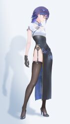 Rule 34 | 1girl, a-chan (hololive), absurdres, alternate costume, alternate hairstyle, black shoes, black skirt, blue hair, blue skirt, braid, breasts, brown gloves, brown thighhighs, chinese clothes, closed mouth, cohi27151463, commentary, floral print skirt, full body, garter belt, glasses, gloves, hair ribbon, high-waist skirt, high heels, highres, hololive, lace-trimmed garter belt, lace trim, legs apart, long hair, mandarin collar, ribbon, shadow, shirt, shoes, short hair, side slit, skirt, small breasts, solo, standing, thighhighs, two-sided fabric, two-sided skirt, virtual youtuber, white shirt