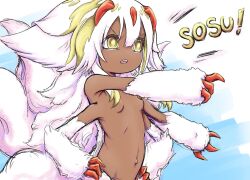 Rule 34 | 1girl, ane moire, breasts, claws, commentary, dark-skinned female, dark skin, english commentary, faputa, hands on own hips, highres, made in abyss, monster girl, no nipples, nude, open mouth, outie navel, pointing, pointing forward, small breasts, solo, teeth, upper body, upper teeth only, v-shaped eyebrows, white fur, white hair, yellow eyes