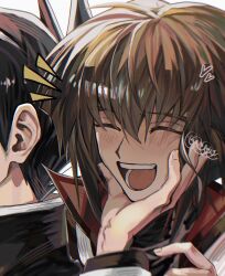 2boys black_hair black_jacket blush brown_hair cerakuro closed_eyes collared_jacket duel_academy_uniform_(yu-gi-oh!_gx) hand_on_another&#039;s_chin happy heart highres jacket manjoume_jun multiple_boys red_jacket smile spiked_hair yu-gi-oh! yu-gi-oh!_gx yuki_judai