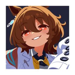 1girl agnes_tachyon_(umamusume) animal_ears brown_hair brown_sweater ear_ornament grin head_tilt highres horse_ears horse_girl lab_coat looking_at_viewer medium_hair necktie red_eyes shade sleeves_past_fingers sleeves_past_wrists smile solo sweater umamusume very_long_sleeves waonaolmao