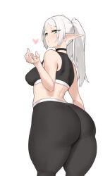 1girl ass aster_crowley back black_choker black_pants black_sports_bra breasts choker commentary elf english_commentary eyes_visible_through_hair frieren green_eyes heart highres long_hair looking_at_viewer looking_back medium_breasts mixed-language_commentary pants parted_bangs pointy_ears simple_background solo sousou_no_frieren sports_bra thick_thighs thighs twintails white_background white_hair wide_hips yoga_pants
