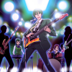 00s 2boys 3girls :d akizuki_ryo band_(music) bass_guitar black_thighhighs blazer bow drum drum_set green_eyes green_hair guitar headset hoshii_miki idolmaster idolmaster_(classic) idolmaster_dearly_stars instrument ishikawa_minori jacket keyboard_(instrument) lights microphone microphone_stand mole mole_under_mouth multiple_boys multiple_girls necktie on_stage open_mouth otonashi_kotori ozaki_reiko performance producer_(idolmaster) red_eyes short_hair silhouette smile stage_lights striped_necktie striped_neckwear t-hiko takagi_jun&#039;ichirou thighhighs