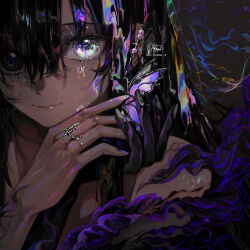bare_shoulders black_eyes black_fire black_hair black_sclera bug butterfly close-up colored_sclera fire gem glowing glowing_eyes hair_between_eyes headshot hyatsu insect jewelry looking_at_viewer original pearl_(gemstone) purple_eyes ring smoke