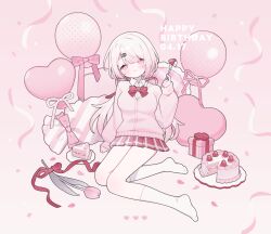 1girl 3tokitamago absurdres birthday bow bowtie box breasts cake cake_slice collared_shirt commentary_request flower food fork fruit full_body gift gift_box hair_ornament hair_ribbon hairclip hand_up happy_birthday heart highres holding holding_fork long_hair long_sleeves looking_at_viewer low_ponytail medium_breasts nijisanji petals pillow pink_background pink_hair pink_theme plaid_clothes plaid_skirt plate pleated_skirt ponytail red_bow red_bowtie red_ribbon red_skirt ribbon shiina_yuika shiina_yuika_(1st_costume) shirt sitting skirt smile socks solo strawberry tulip virtual_youtuber white_shirt white_socks