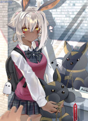 1girl absurdres animal_ears antenna_hair blush breasts dark-skinned_female dark_skin earrings facepaint facial_mark fate/grand_order fate_(series) highres hoop_earrings jackal_ears jewelry long_sleeves looking_at_viewer medium_breasts nitocris_(fate) nitocris_alter_(fate) short_hair skirt solo_focus xunicandy