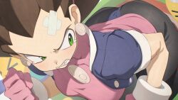 Rule 34 | &gt; &lt;, 1girl, angry, ass, blue jacket, breasts, brown hair, clenched hand, clenched teeth, commission, cropped jacket, dress, earrings, green eyes, hata4564, highres, jacket, jewelry, large breasts, mega man (series), mega man legends (series), open clothes, open jacket, pantyhose, pink dress, servbot (mega man), skeb commission, skull brooch, skull earrings, solo focus, tears, teeth, tron bonne (mega man), upper body