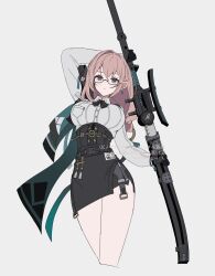 1girl absurdres black_gloves black_skirt breasts closed_mouth cowboy_shot dress_shirt earrings glasses gloves grey_background hair_between_eyes high-waist_skirt highres holding holding_polearm holding_weapon jewelry large_breasts long_hair looking_at_viewer merry-san naginata pink_eyes pink_hair polearm ring_hair_ornament shirt sidelocks simple_background skirt solo tsukishiro_yanagi weapon white_shirt zenless_zone_zero