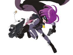 1girl belt blue_eyes bob_cut boots brass_knuckles cape full_body gloves gun handgun hit-girl holding holding_gun holding_weapon karasuma_tasuku kick-ass lips looking_at_viewer mask plaid_clothes plaid_skirt purple_hair short_hair simple_background skirt smile solo superhero_costume weapon white_background wig