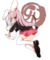 Rule 34 | 1girl, :3, animal ears, bad id, bad pixiv id, blazer, female focus, full body, hug, jacket, light purple hair, long hair, looking back, miniskirt, pleated skirt, rabbit, rabbit ears, rabbit girl, rabbit tail, red eyes, reisen udongein inaba, ryuuga sazanami, skirt, solo, tail, thighhighs, touhou, white background, white thighhighs, zettai ryouiki